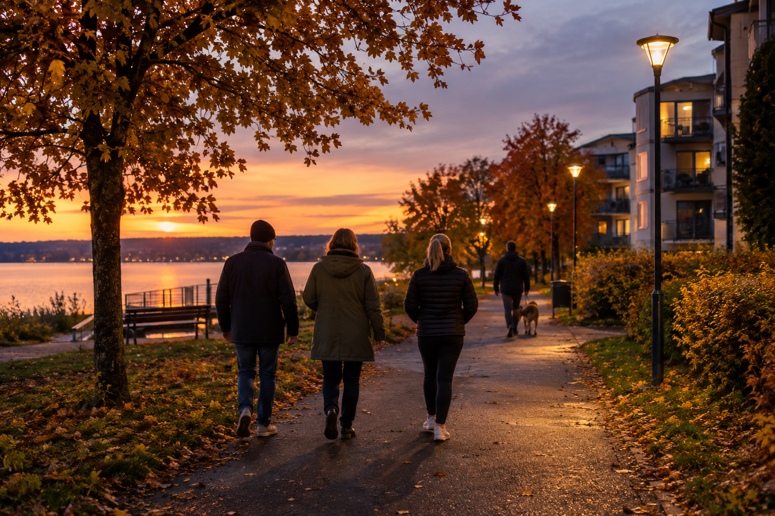 Tre personer som är ute på promenad längs vattnet en höstkväll