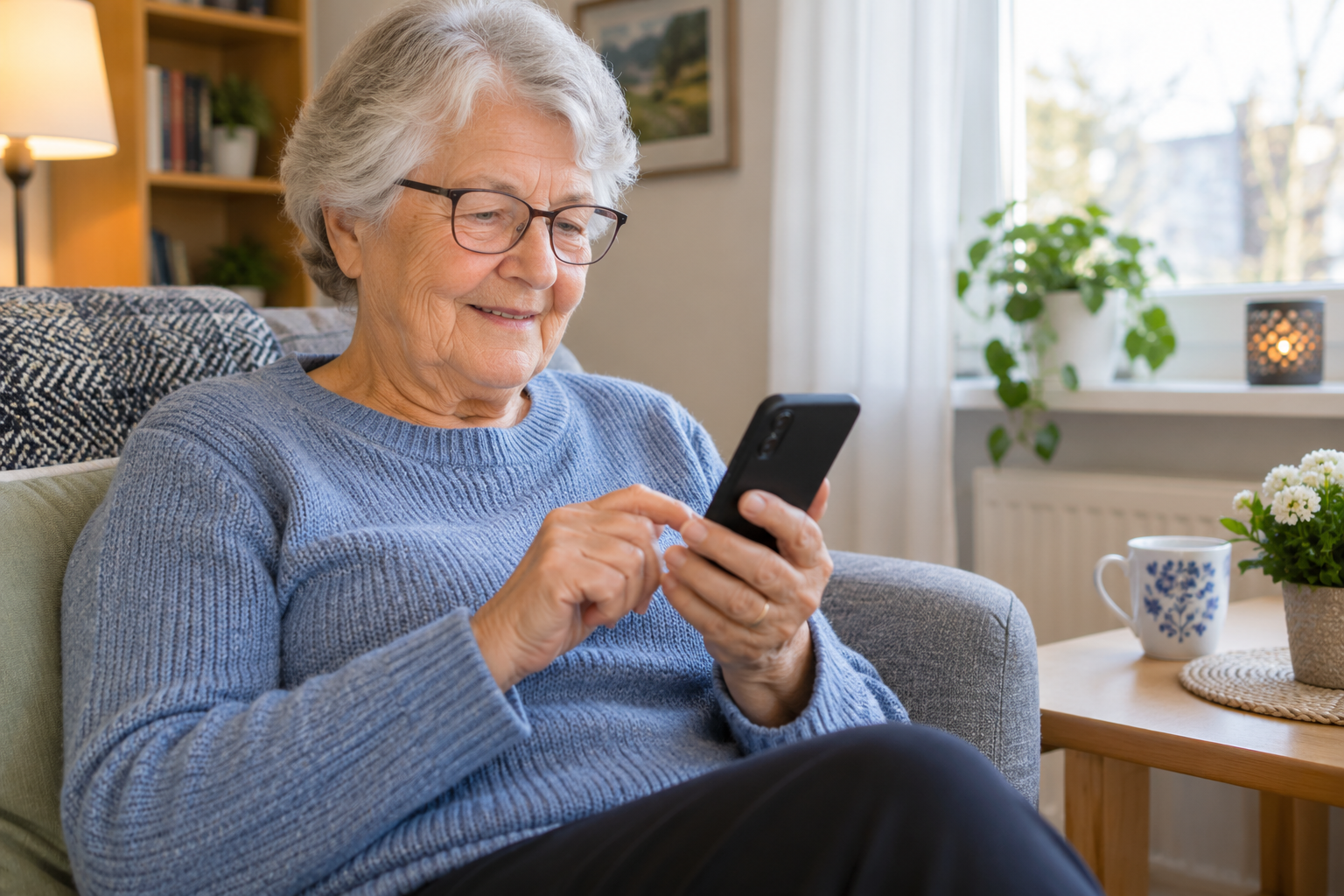 äldre dam som sitter med sin mobil