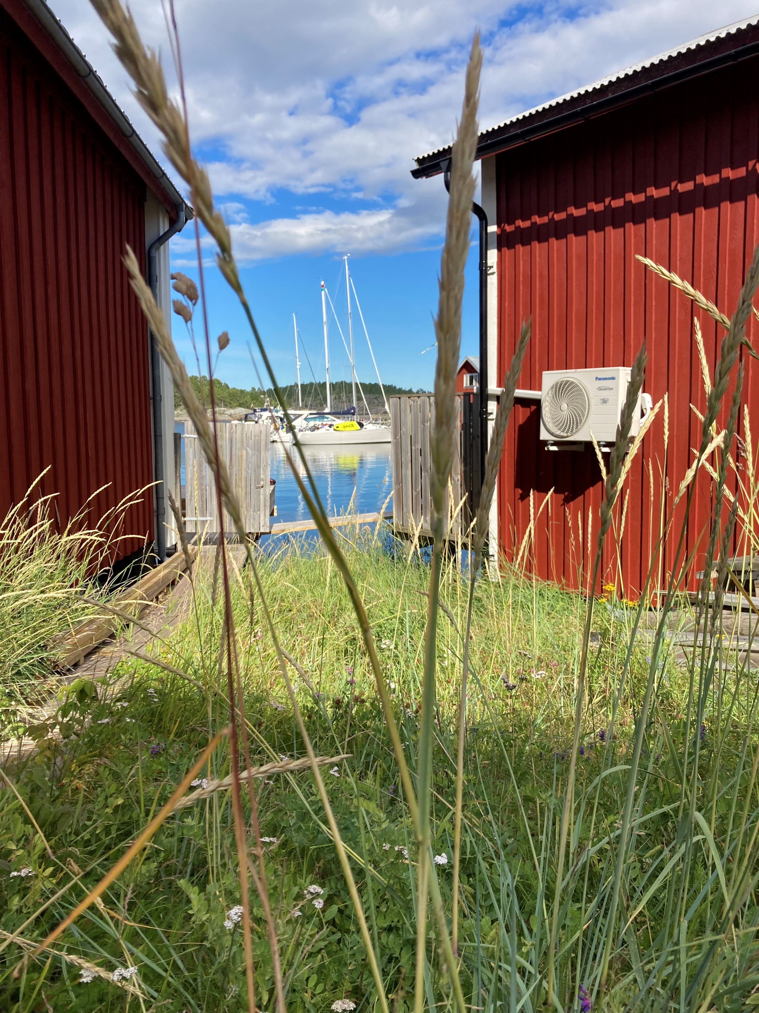 Sommarbild på röda hus och hav