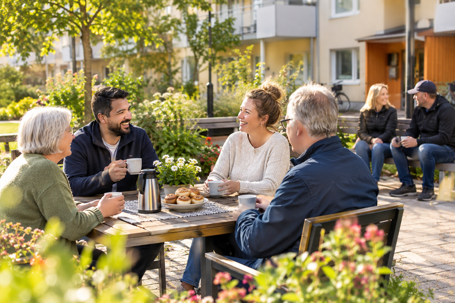 bild på grannar som sitter ute i området och fikar