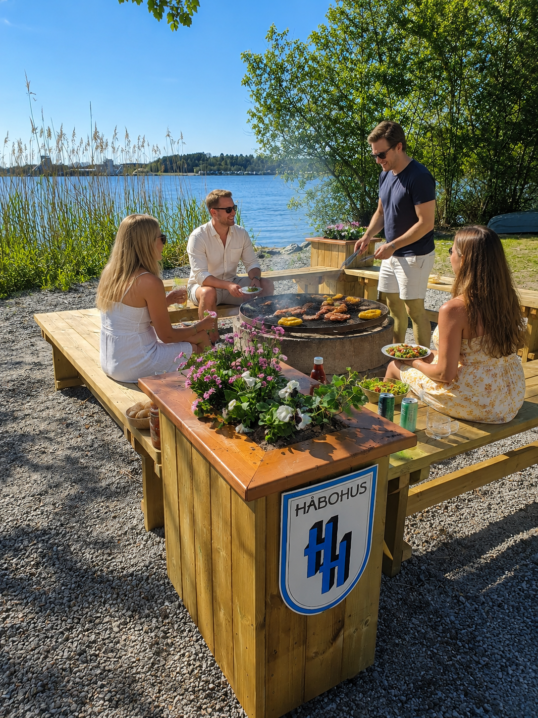 Fyra personer som grillar på grillplatsen på Kalmarsand.